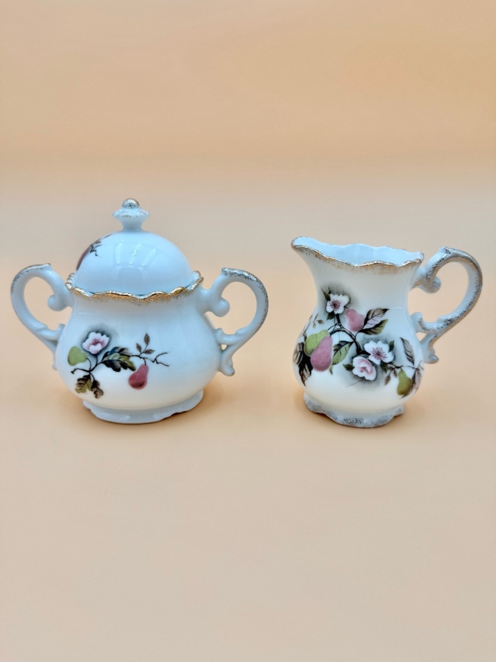 Vintage Lefton China Hand Painted Pear Blossom Creamer & Covered Sugar Bowl NE42